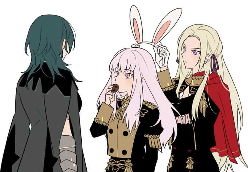 3girls, animal_ears, bad_id, bad_pixiv_id, blue_hair, female_byleth_(fire_emblem), cape, closed_mouth