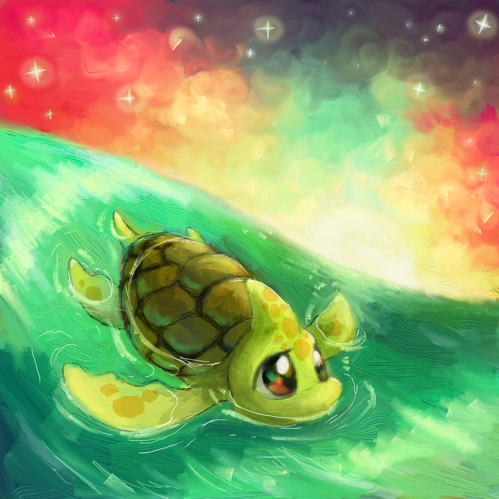 brown_eyes, commentary, cortoony, creature, english_commentary, full_body, horns, neopets, no_humans, outdoors, shell, shoyru, single_horn, solo, starry_sky, swimming, turtle, water