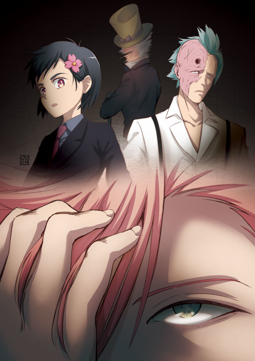 2girls, 3boys, absurdres, asymmetrical_hair, black_gloves, black_hair, black_suit, blue_hair