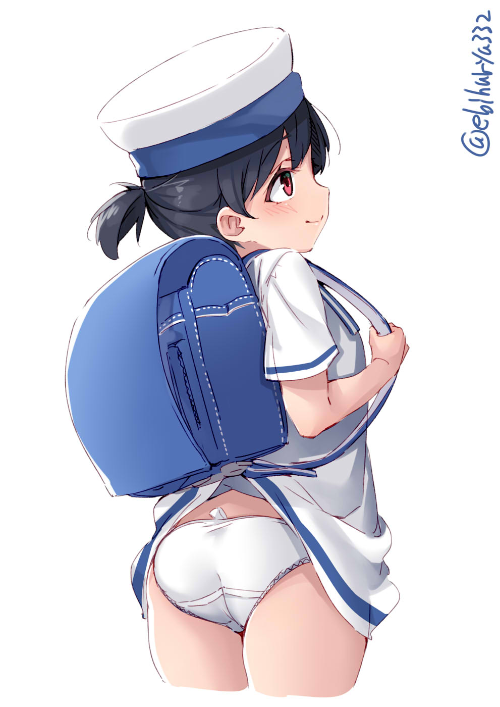 1girl, accidental_exposure, ass, backpack, bag, black_hair, blush, brown_eyes, care_label, cropped_legs, dress, ebifurya, female_focus, hat, hiburi_(kancolle), highres, kantai_collection, low_ponytail, panties, panty_tag, ponytail, randoseru, sailor_dress, sailor_hat, short_hair, short_sleeves, simple_background, skirt_caught_on_object, smile, solo, tag, twitter_username, underwear, wardrobe_malfunction, white_background, white_dress, white_hat, white_panties