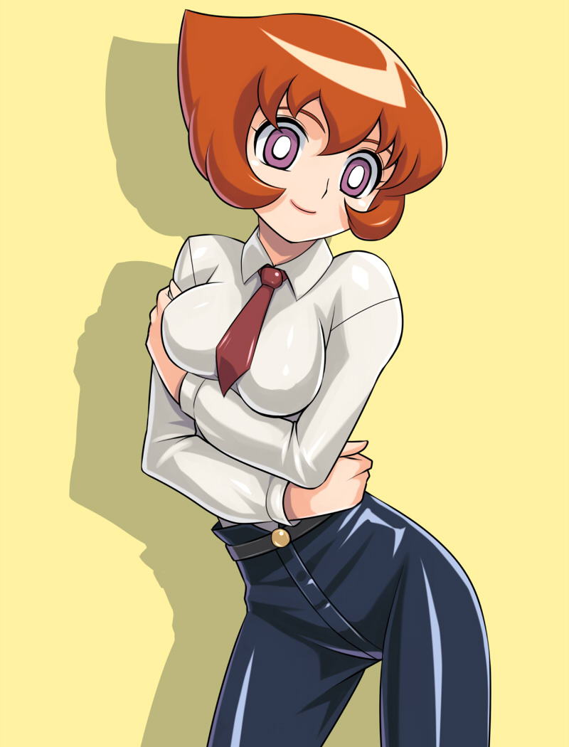 00s, 1girl, bashin_hayami, battle_spirits, battle_spirits:_shounen_toppa_bashin, belt, breasts, brown_hair, collared_shirt, contrapposto, cowboy_shot, crossed_arms, denim, female_focus, head_tilt, jeans, large_breasts, lipstick, long_sleeves, looking_at_viewer, makeup, mature_female, muhi11234, necktie, pants, purple_eyes, self_hug, shadow, shirt, short_hair, simple_background, solo, standing, white_background