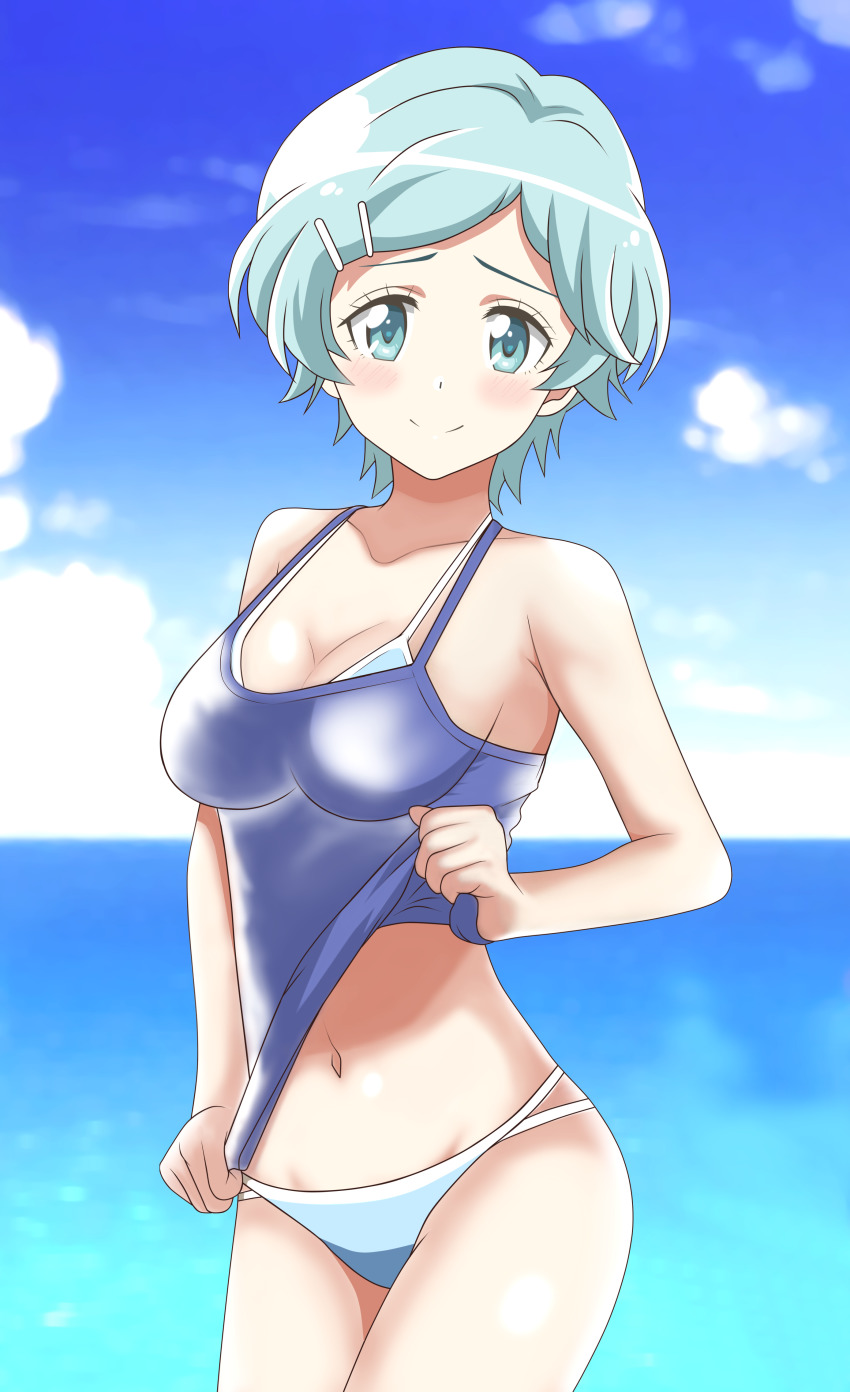 1girl, absurdres, bad_id, bad_pixiv_id, bikini, blue_eyes, blue_hair, blush, breasts, camisole, cleavage, closed_mouth, day, female_focus, hair_ornament, hairclip, highres, houkago_saikoro_club, kiniro_tofu, light_blue_hair, looking_at_viewer, medium_breasts, navel, no_pants, outdoors, smile, solo, standing, swimsuit, takekasa_miki