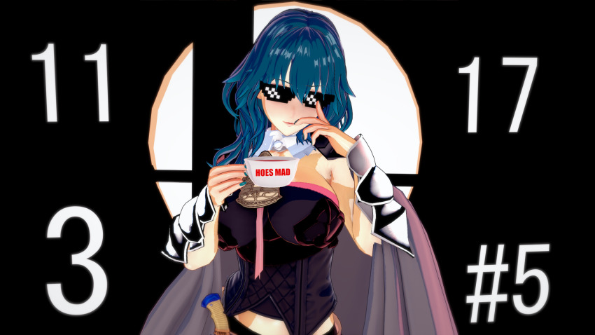 1girl, blue_hair, breasts, female_byleth_(fire_emblem), cape, cleavage, cup, female_focus