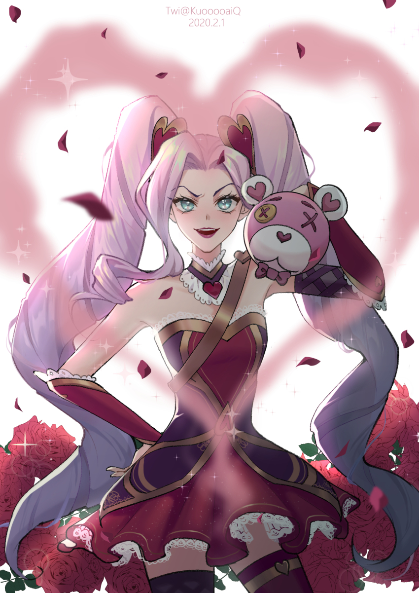 1girl, dress, female_focus, flower, heartseeker_jinx, highres, jinx_(league_of_legends), league_of_legends