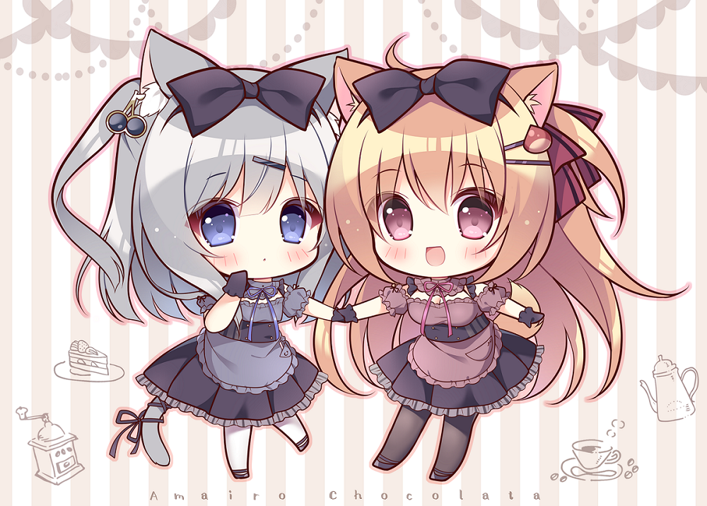 amairo_chocolata, amamiya_mikuri, animal_ear_fluff, animal_ears, apron, bare_shoulders, black_legwear, blue_eyes