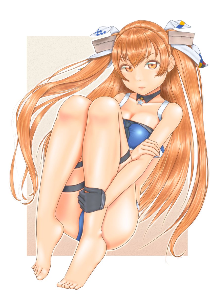 1girl, bikini, black_gloves, blue_bikini, border, breasts, cleavage, commentary_request