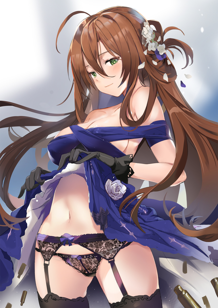 1girl, black_panties, black_thighhighs, breasts, brown_hair, dress, female_focus, flower, garter_belt, garter_straps, girls'_frontline, green_eyes, hair_flower, hair_ornament, highres, lace, lace_panties, lifting_own_clothes, navel, official_alternate_costume, panties, shell_casing, solo, springfield_(girls'_frontline), springfield_(queen_in_radiance)_(girls'_frontline), thighhighs, togo_(korlsj1235), underwear