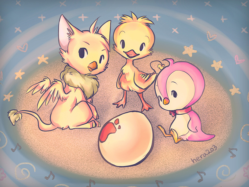 baby, bird, black_eyes, bruce_(neopets), commentary, egg, english_commentary, eyrie, full_body, lenny_(neopets), looking_at_viewer, musical_note, neopets, no_humans, payoki, penguin, pteri, signature, sitting, standing, star_(symbol), wings