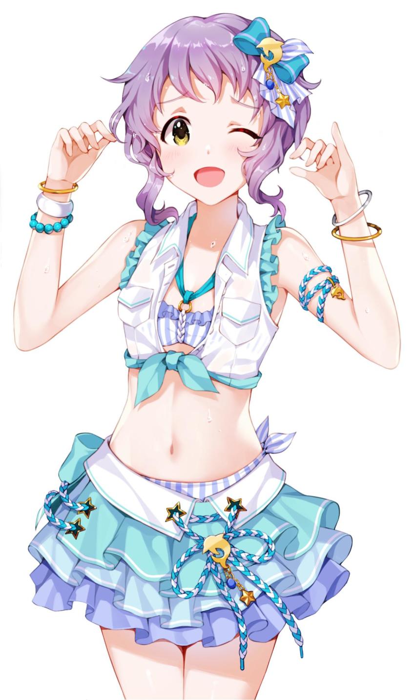 1girl, ;d, aqua_bow, bangle, bare_arms, bare_shoulders, bikini, bikini_top_only