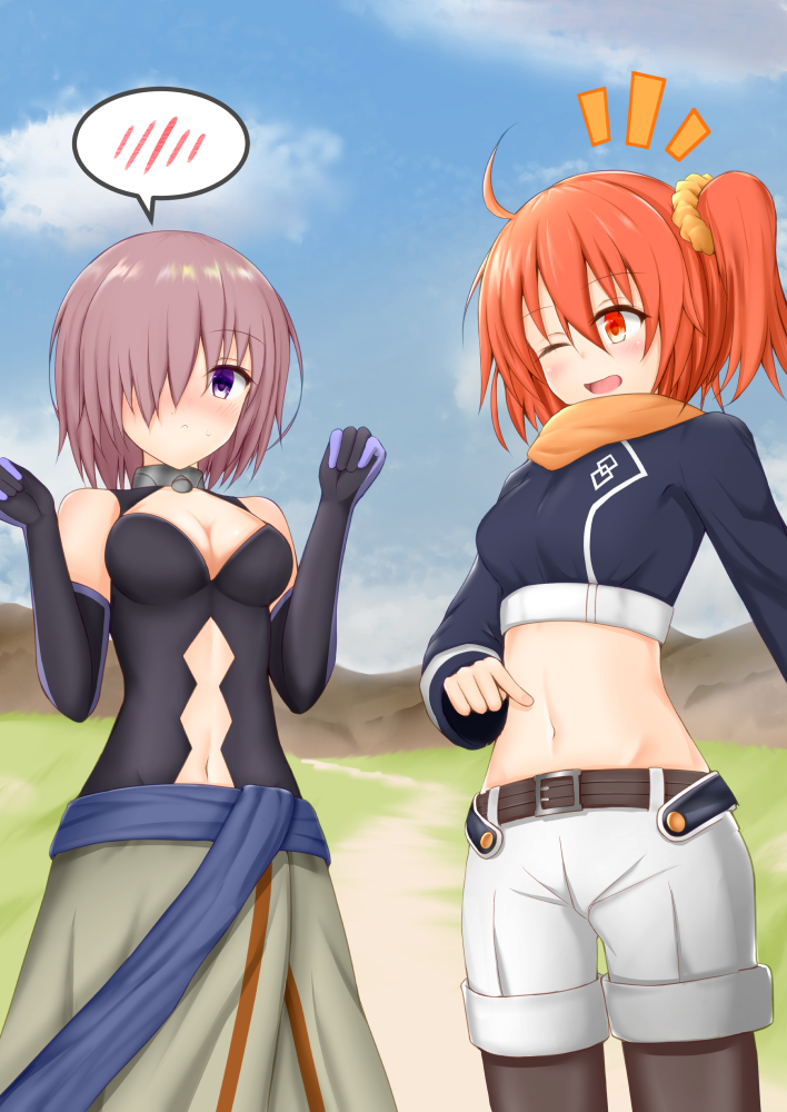 2girls, ahoge, alternate_costume, alternate_hair_color, bare_shoulders, belt, black_legwear, blouse