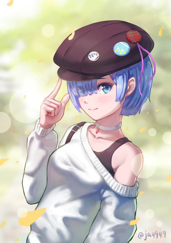 1girl, alternate_costume, black_bra, black_hat, blue_eyes, blue_hair, blurry, blurry_background, blush, bra, breasts, newsboy_cap, casual, choker, closed_mouth, collarbone, commentary_request, day, depth_of_field, eyes_visible_through_hair, female_focus, finger_to_headwear, hair_ornament, hair_over_one_eye, hairclip, hat, index_finger_raised, lens_flare, long_sleeves, nzz, off_shoulder, outdoors, petals, plaid, re:zero_kara_hajimeru_isekai_seikatsu, rem_(re:zero), short_hair, single_bare_shoulder, small_breasts, smile, solo, triangle, twitter_username, underwear, upper_body, white_choker
