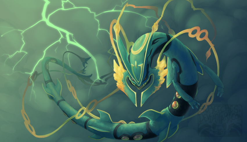 creature, electricity, floating, full_body, gen_3_pokemon, green_theme, highres, legendary_pokemon, looking_at_viewer, mega_pokemon, mega_rayquaza, nintendo, no_humans, pokemon, pokemon_(creature), rayquaza, screeches, solo, watermark