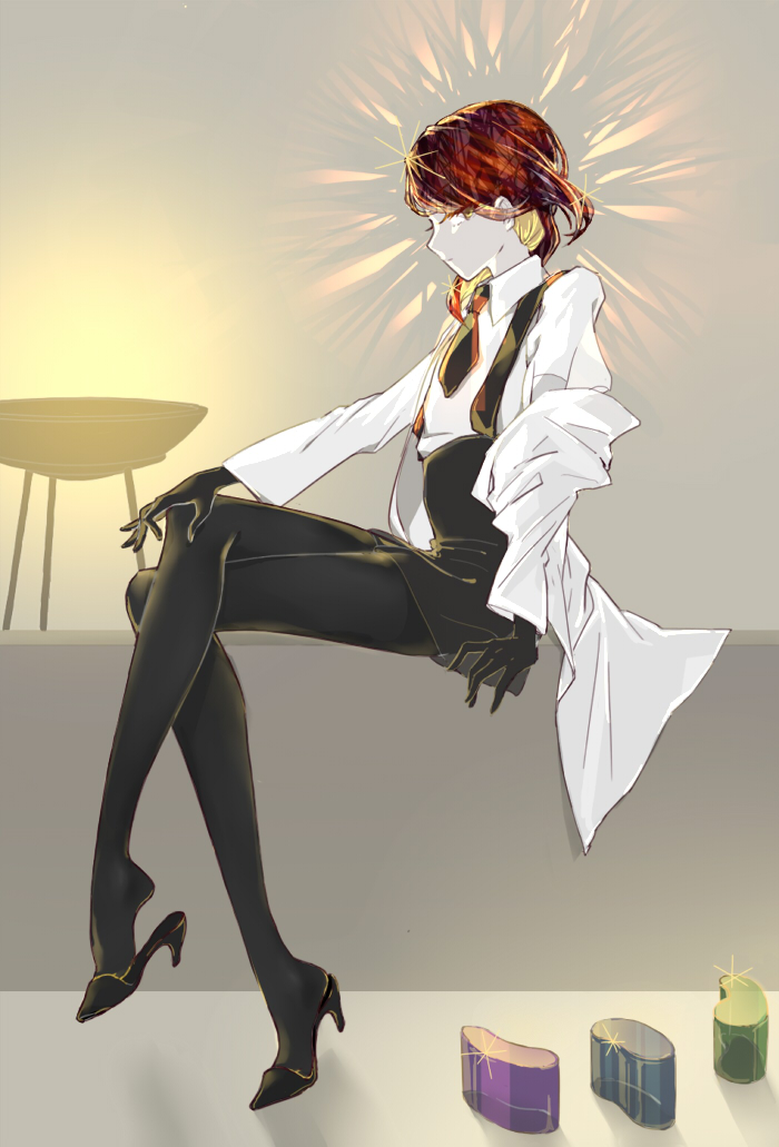 1other, androgynous, black_gloves, black_necktie, black_pantyhose, black_shoes, black_skirt, blonde_hair, brown_eyes, brown_hair, closed_mouth, collar, collared_shirt, colored_skin, commentary_request, crossed_legs, crystal_hair, eyes_visible_through_hair, final_black, from_side, full_body, gem, gem_uniform_(houseki_no_kuni), gloves, houseki_no_kuni, lab_coat, legs, long_sleeves, looking_at_viewer, multicolored_hair, necktie, neckwear_request, other_focus, pale_skin, pantyhose, rutile_(houseki_no_kuni), shirt, shoes, short_hair, simple_background, sitting, skirt, solo, two-tone_hair, white_shirt, white_skin