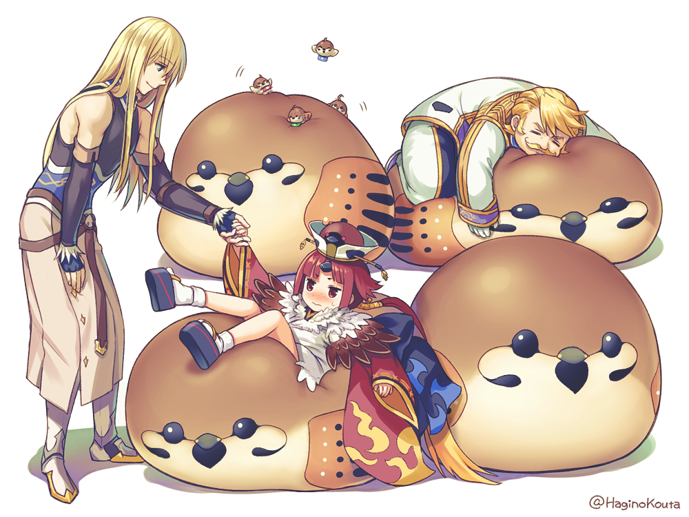1girl, 2boys, animal, apron, armored_boots, bare_shoulders, bean_bag_chair, beni-enma