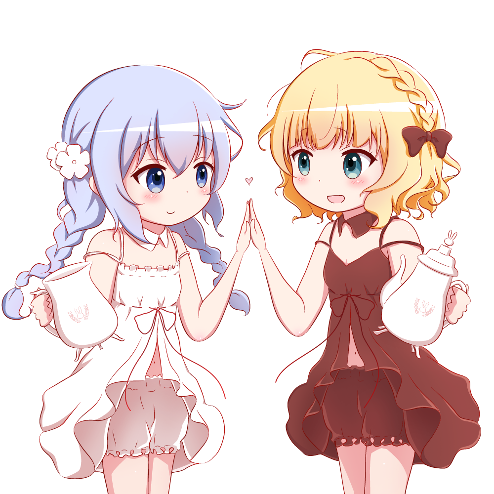 2girls, :d, alternate_hairstyle, bare_arms, bare_shoulders, blonde_hair, bloomers, blue_eyes