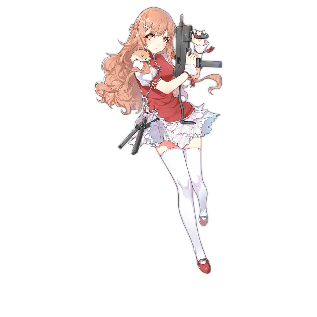 1girl, animal, animal_on_shoulder, belt, blush, braid, brown_hair, china_dress, chinese_clothes, closed_mouth, collar, dress, female_focus, frilled_skirt, frills, full_body, girls'_frontline, gun, hair_between_eyes, hair_ornament, hairclip, hamster, holding, holding_gun, holding_weapon, kyouki_no_kimi, long_hair, looking_at_viewer, magazine_(weapon), official_art, puffy_short_sleeves, puffy_sleeves, red_dress, red_shoes, shoes, short_sleeves, skirt, solo, standing, submachine_gun, t77_(girls'_frontline), t77_submachine_gun, thighhighs, transparent_background, type_77_submachine_gun, weapon, white_skirt, white_thighhighs, wristband, yellow_eyes, zettai_ryouiki