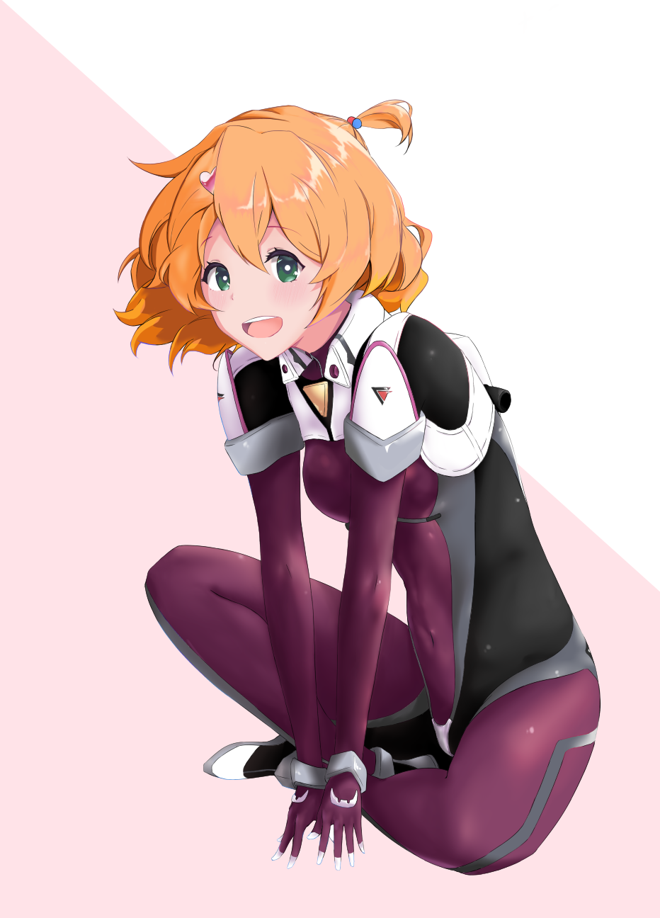 1girl, :d, bodysuit, breasts, brown_hair, cosplay, covered_navel, female_focus, fingerless_gloves, freyja_wion, full_body, gloves, green_eyes, hair_between_eyes, hair_ornament, heart, heart_hair_ornament, highres, indian_style, looking_at_viewer, macross, macross_delta, mirage_farina_jenius, mirage_farina_jenius_(cosplay), multicolored_hair, one_side_up, open_mouth, pilot_suit, pink_background, purple_bodysuit, short_hair, sitting, small_breasts, smile, solo, two-tone_background, two-tone_hair, white_background, yumemo