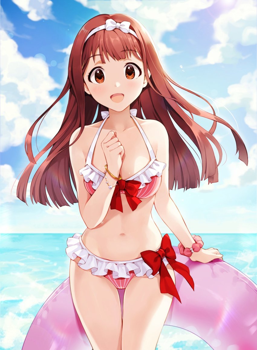 1girl, :d, bare_arms, bare_shoulders, bikini, blue_sky, blush, bow