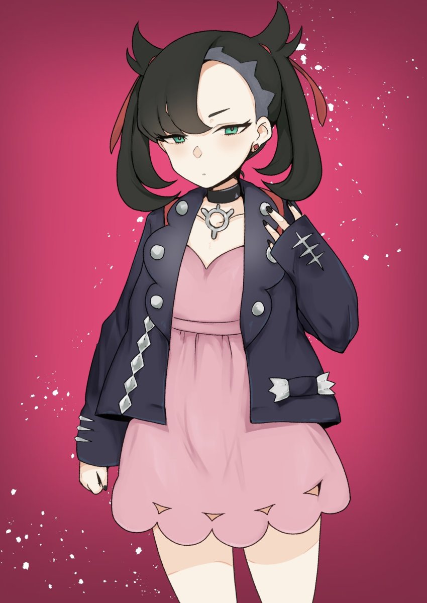 1girl, aqua_eyes, asymmetrical_bangs, asymmetrical_hair, black_choker, black_hair, black_jacket, black_nails