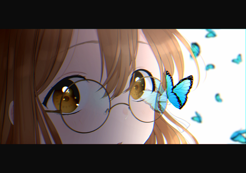 1girl, :o, brown_hair, bug, butterfly, butterfly_wings, close-up, female_focus, glasses, hair_between_eyes, highres, insect, insect_wings, kazepana, kunikida_hanamaru, letterboxed, looking_at_viewer, love_live!, love_live!_sunshine!!, mitaiken_horizon, open_mouth, reflection, round_eyewear, simple_background, solo, white_background, wings, yellow_eyes, |_|