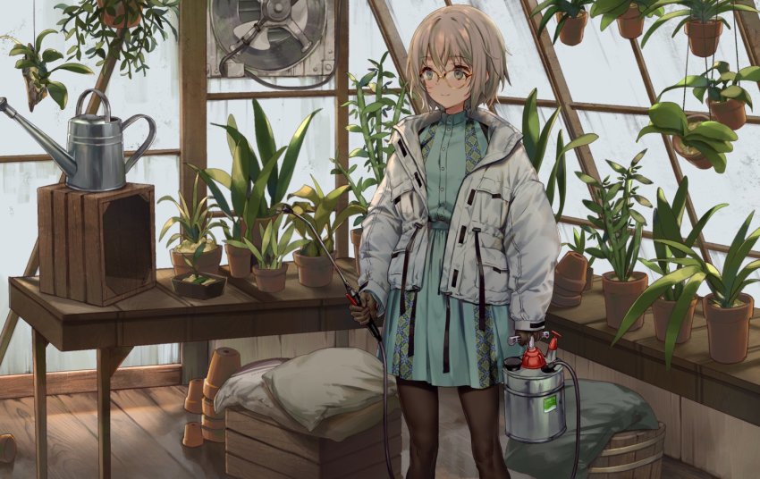 1girl, air_conditioner, black_gloves, black_pantyhose, blue_dress, box, brown_gloves, coat, drawstring, dress, electric_fan, feet_out_of_frame, female_focus, fertilizer, flower_pot, glasses, gloves, green_eyes, greenhouse, grey_eyes, grey_hair, hanging_plant, indoors, jacket, long_sleeves, looking_away, open_clothes, open_coat, original, pantyhose, parka, plant, potted_plant, sack, sleeves_past_wrists, smile, solo, sprayer, standing, tortoiseshell-framed_eyewear, velcro, ventilator, watering_can, white_coat, wooden_box, wooden_floor, yutsumoe