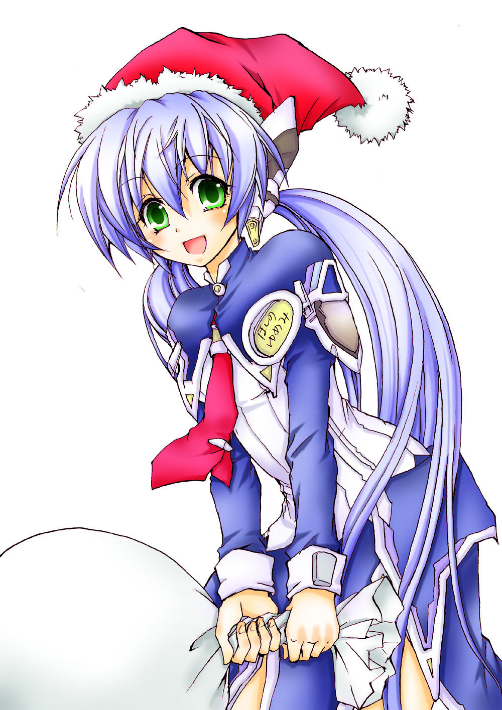 00s, 1girl, bad_id, bad_pixiv_id, blue_hair, christmas, female_focus, green_eyes, hat, highres, hoshino_yumemi, long_hair, planetarian, sack, santa_hat, shishido_katsura, simple_background, solo, twintails, very_long_hair, white_background