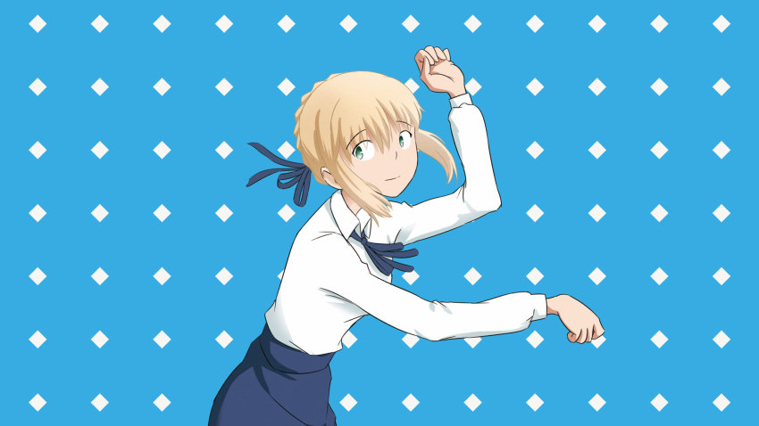 1girl, argyle_background, argyle_clothes, artoria_pendragon_(fate), blonde_hair, blue_background, collared_shirt, easy_breezy
