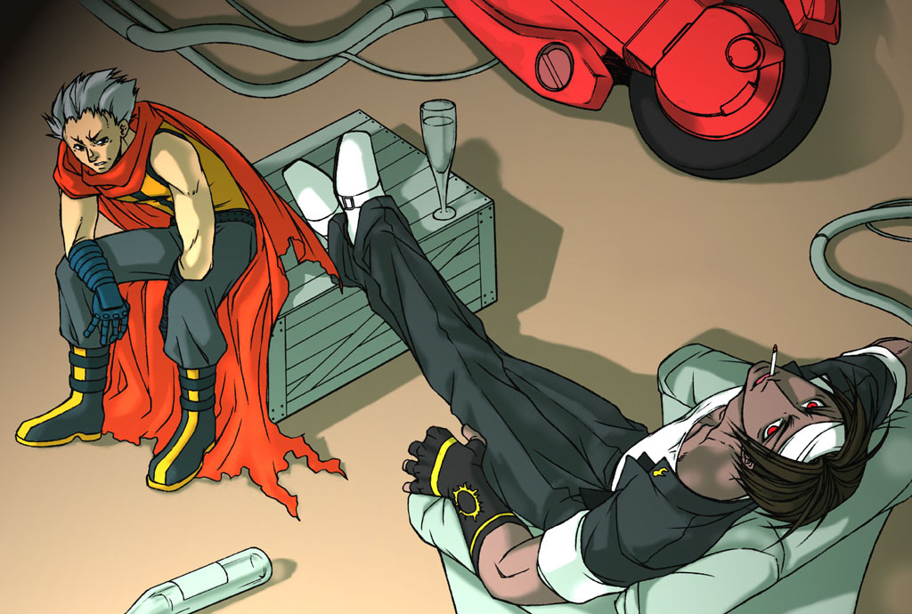 2boys, akira_(manga), dark-skinned_male, dark_skin, iwata_mitsuo, k9999, kusanagi_(clone), male_focus, motor_vehicle, motorcycle, multiple_boys, parody, sasaki_nozomu, shima_tetsuo, snk, the_king_of_fighters, vehicle, voice_actor_connection