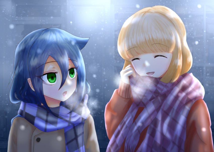 2girls, blush, coat, closed_eyes, highres, kuroki_tomoko, long_hair, maromi_moko0702, multiple_girls, naruse_yuu, scarf, short_hair, smile, snow, watashi_ga_motenai_no_wa_dou_kangaetemo_omaera_ga_warui!