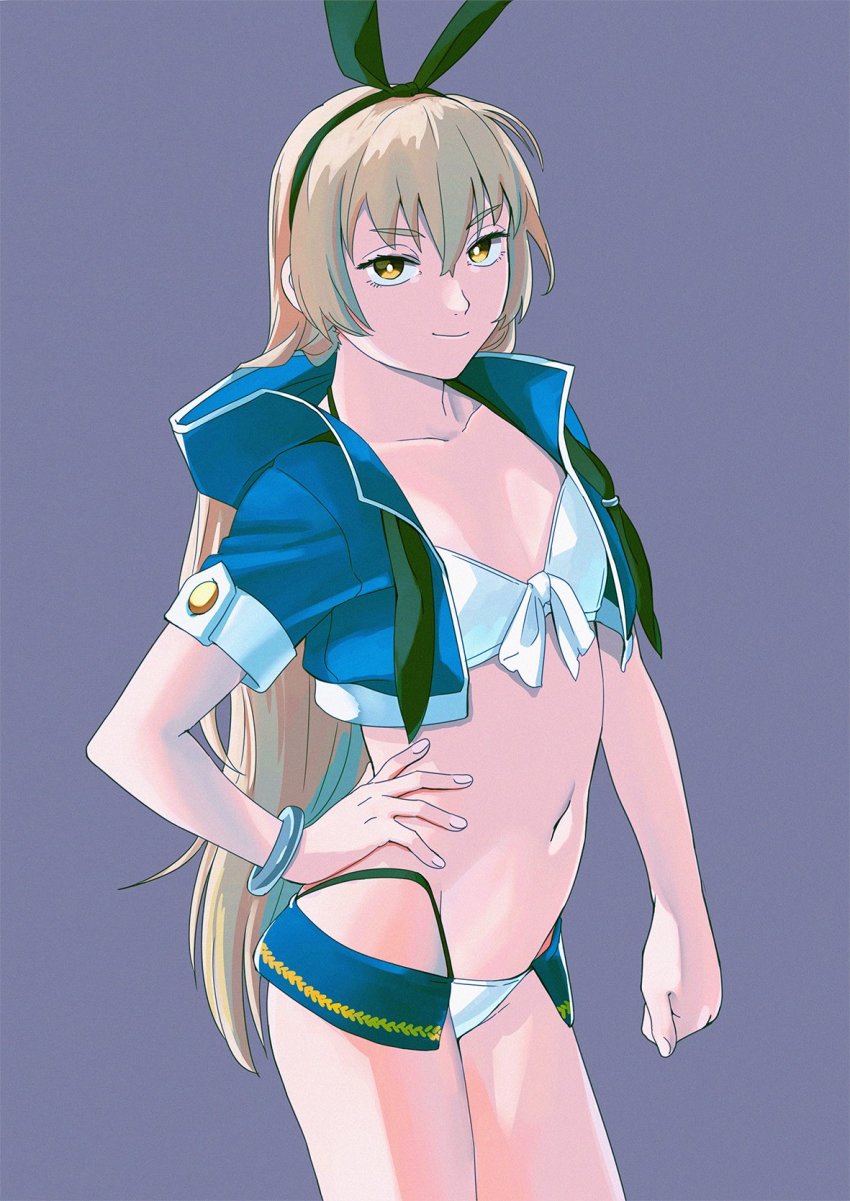 1girl, adapted_costume, bikini, black_hairband, blonde_hair, blue_jacket, cowboy_shot, cropped_jacket