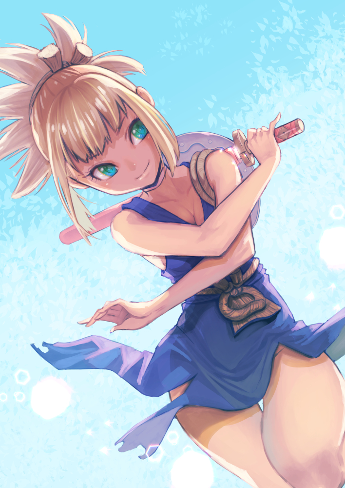 1girl, blonde_hair, blue_background, blue_dress, breasts, cleavage, closed_mouth, collarbone, cowboy_shot, dr._stone, dress, female_focus, green_eyes, holding, holding_sword, holding_weapon, jj_(ssspulse), kohaku_(dr._stone), looking_to_the_side, medium_breasts, sheath, shield, short_dress, sideboob, sleeveless, sleeveless_dress, smile, solo, standing, sword, thigh_gap, thighs, unsheathing, weapon