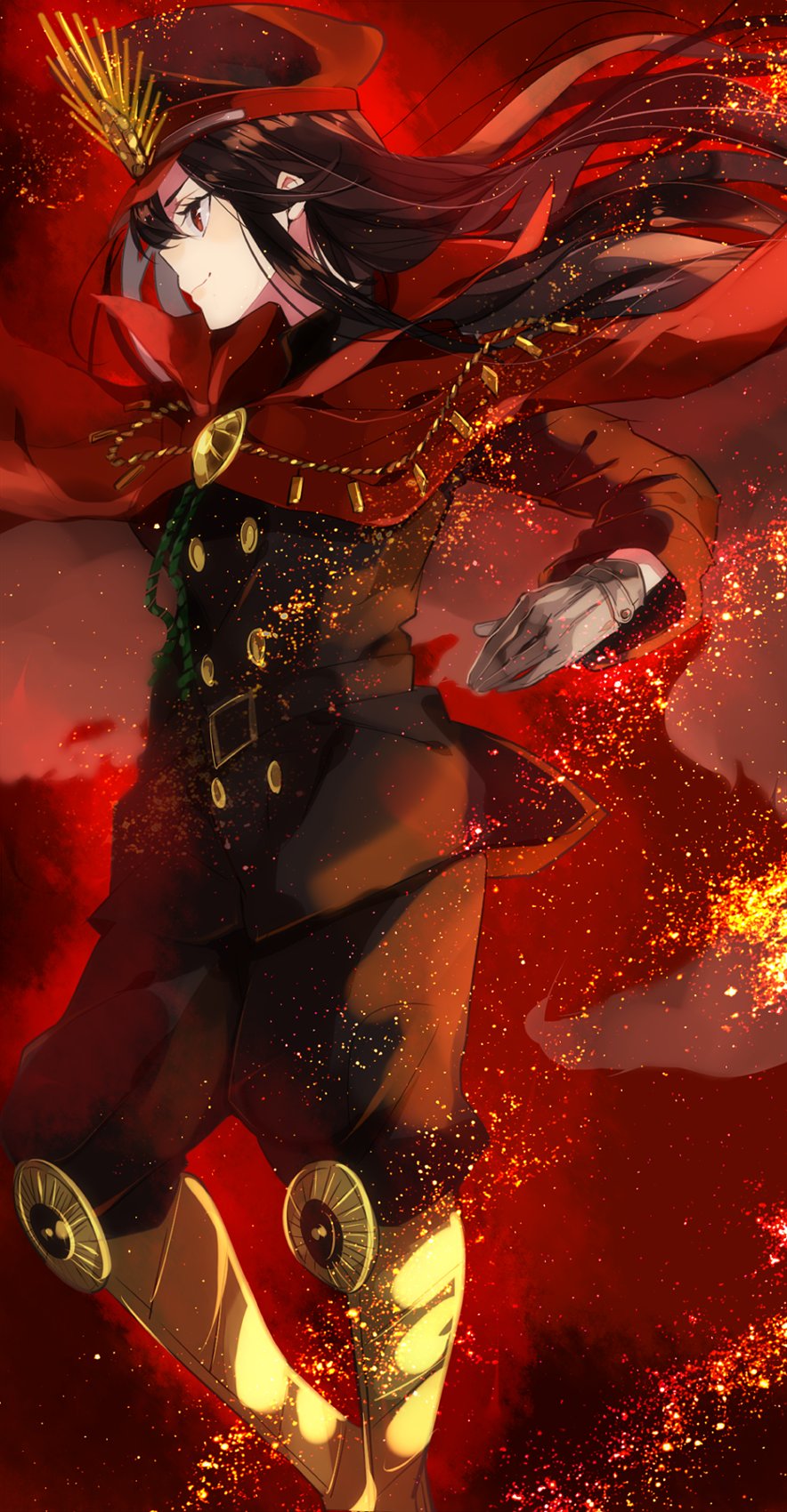 1girl, armored_boots, black_hair, boots, cape, embers, fate/grand_order, fate_(series)