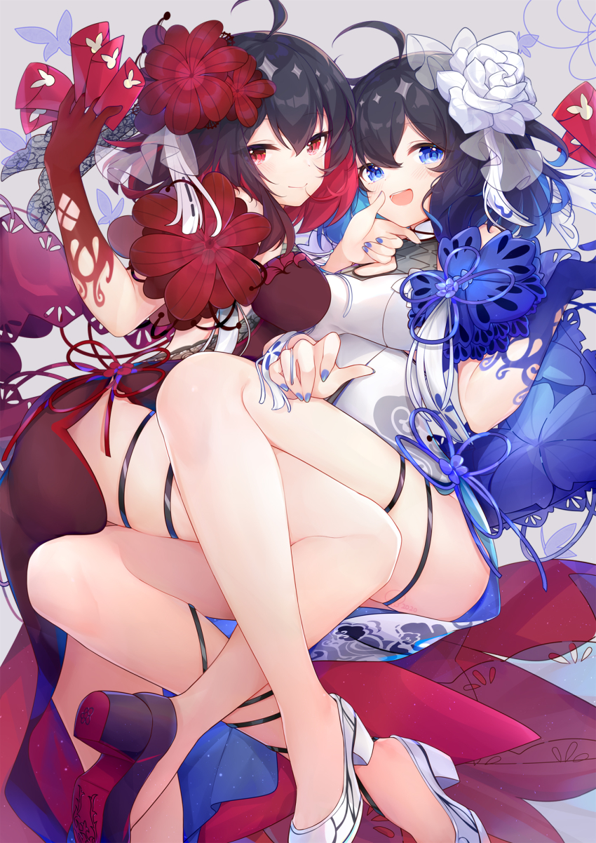 2girls, ahoge, black_footwear, black_hair, blue_eyes, blue_gloves, blue_hair, blue_nails, blue_ribbon, blush, commentary_request, dress, envelope, eta, flower, gloves, hair_flower, hair_ornament, high_heels, highres, honkai_(series), honkai_impact_3rd, legs, looking_at_viewer, multicolored_hair, multiple_girls, nail_polish, red_eyes, red_flower, red_gloves, red_hair, red_ribbon, ribbon, seele_(alter_ego), seele_vollerei, seele_vollerei_(mirrored_flourishes), seele_vollerei_(stygian_nymph), short_dress, single_glove, smile, two-tone_hair, white_flower, white_footwear