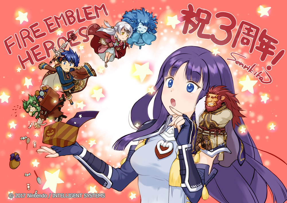 3boys, 3girls, :o, altina_(fire_emblem), anniversary, arm_guards, armor, blue_eyes