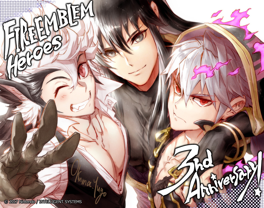 3boys, animal_ears, anniversary, artist_name, black_hair, copyright_name, fire, fire_emblem