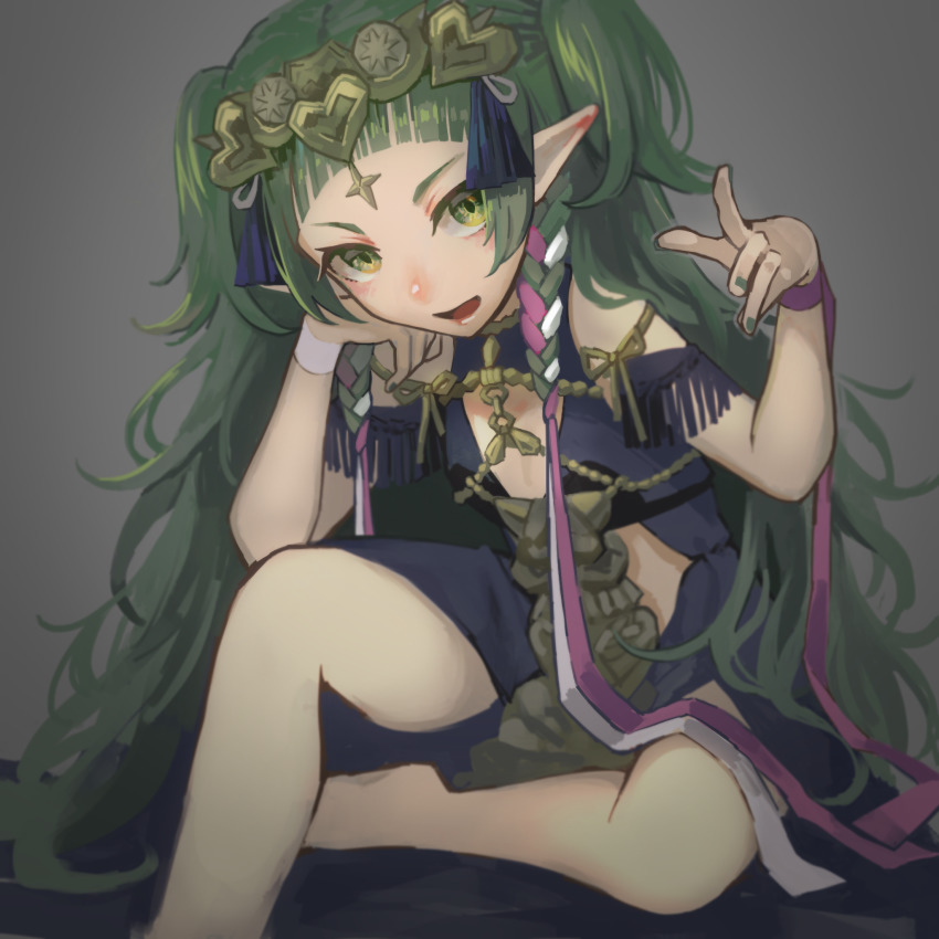 1girl, braid, dress, female_focus, fire_emblem, fire_emblem:_three_houses, flat_chest, green_eyes, green_hair, grey_background, hair_ornament, hair_ribbon, highres, konya_(chocolate_palette), long_hair, nintendo, open_mouth, pointy_ears, ribbon_braid, simple_background, sitting, solo, sothis_(fire_emblem), tiara, twin_braids