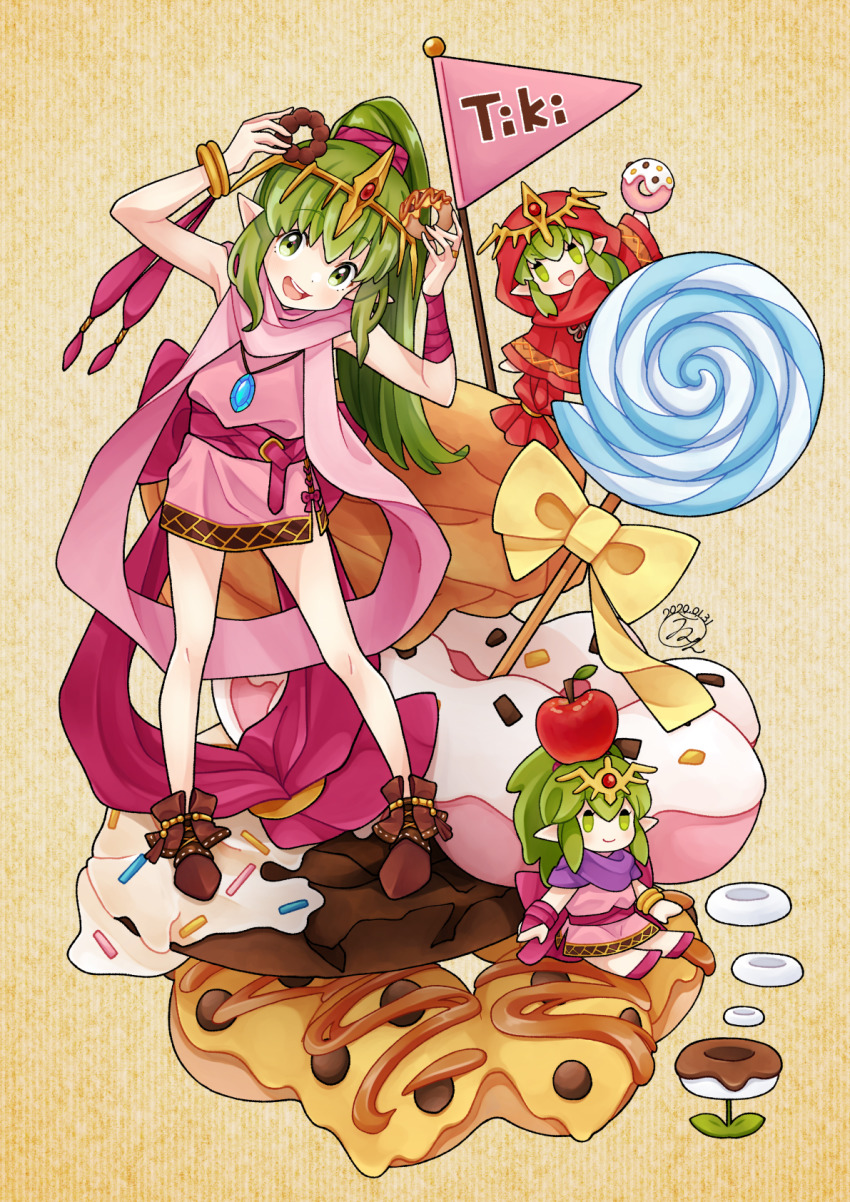 1girl, apple, bracelet, candy, character_name, chibi, donut, dress