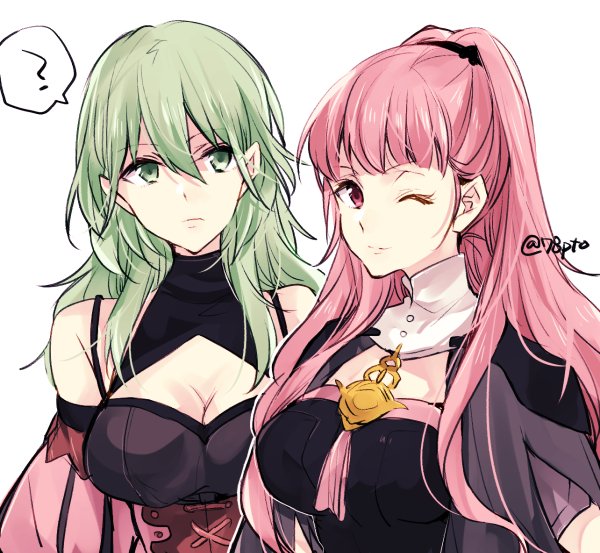 2girls, ?, armor, bad_id, bad_twitter_id, breasts, female_byleth_(awakened)_(fire_emblem), cleavage