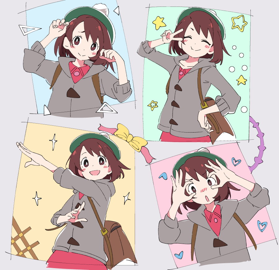 1girl, :d, ^_^, bag, blush_stickers, brown_eyes, brown_hair, cardigan