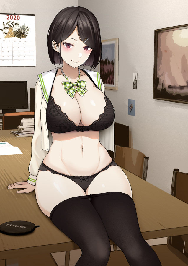 1girl, 2020, black_bra, black_hair, black_panties, black_pantyhose, blush, bob_cut