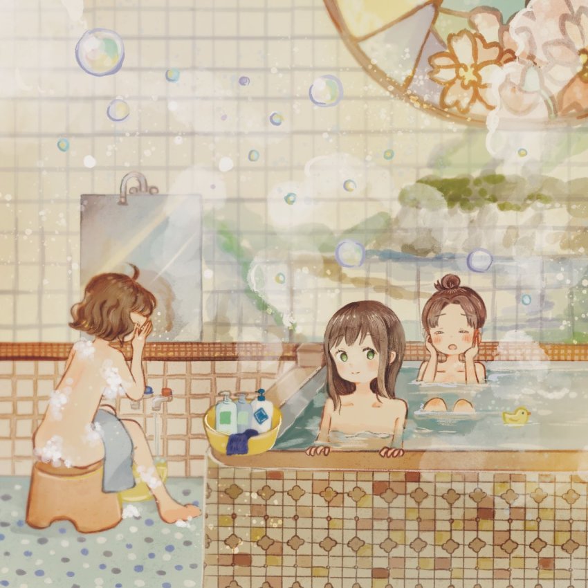 3girls, ayanami_(kancolle), bath, bath_stool, bathing, blush, brown_hair, fubuki_(kancolle), hair_down, hair_up, kantai_collection, kishinami_(kancolle), long_hair, multiple_girls, nude, onigiri_(ginseitou), open_mouth, partially_submerged, rubber_duck, same-sex_bathing, shared_bathing, short_hair, sitting, smile, soap, soap_bubbles, steam, stool, tile_wall, tiles, washing