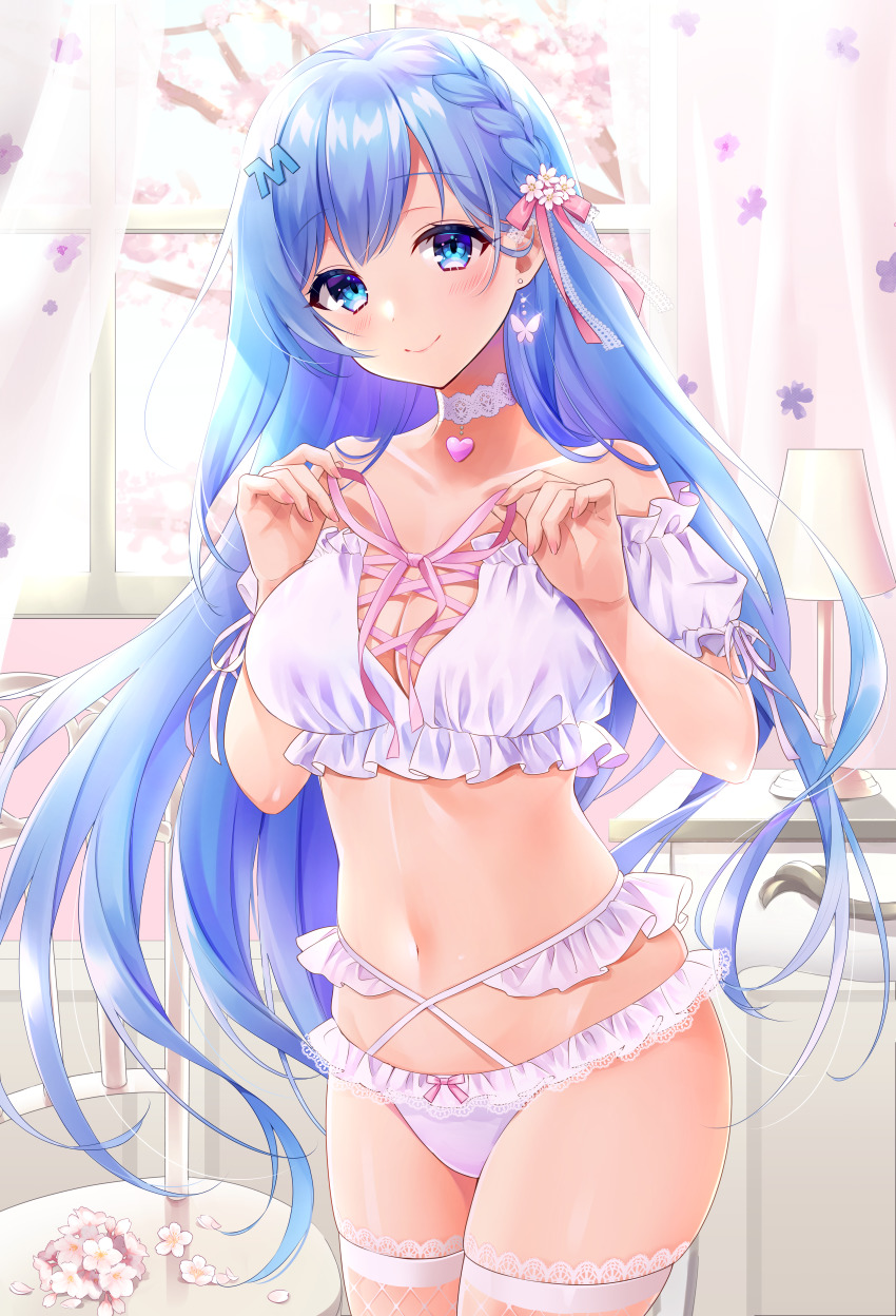1girl, absurdres, bare_shoulders, blue_eyes, blue_hair, bra, braid, branch