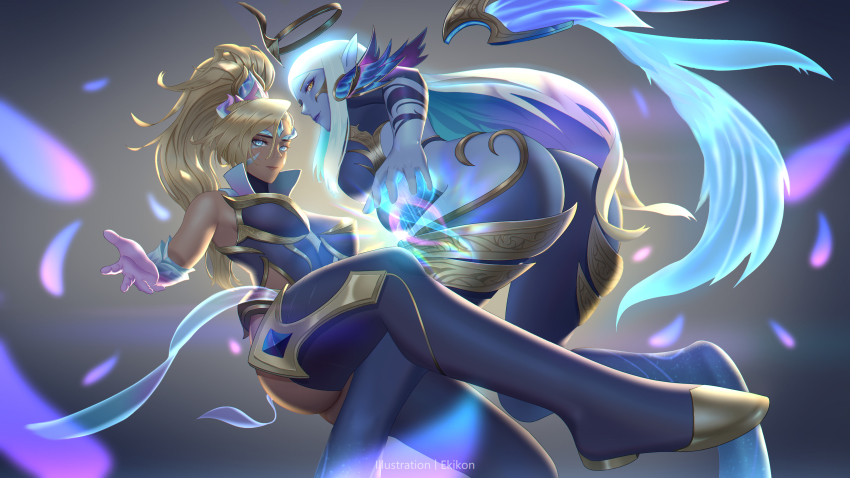 2girls, absurdres, alternate_costume, alternate_hair_color, artist_name, ass, blonde_hair, blue_eyes, breasts, colored_skin, ekikon, facial_mark, grey_background, hair_ornament, halo, high_ponytail, highres, league_of_legends, magic, medium_breasts, multiple_girls, nidalee, pointy_ears, ponytail, purple_skin, sidelocks, simple_background, soraka_(league_of_legends), tan, tattoo, white_hair, wings
