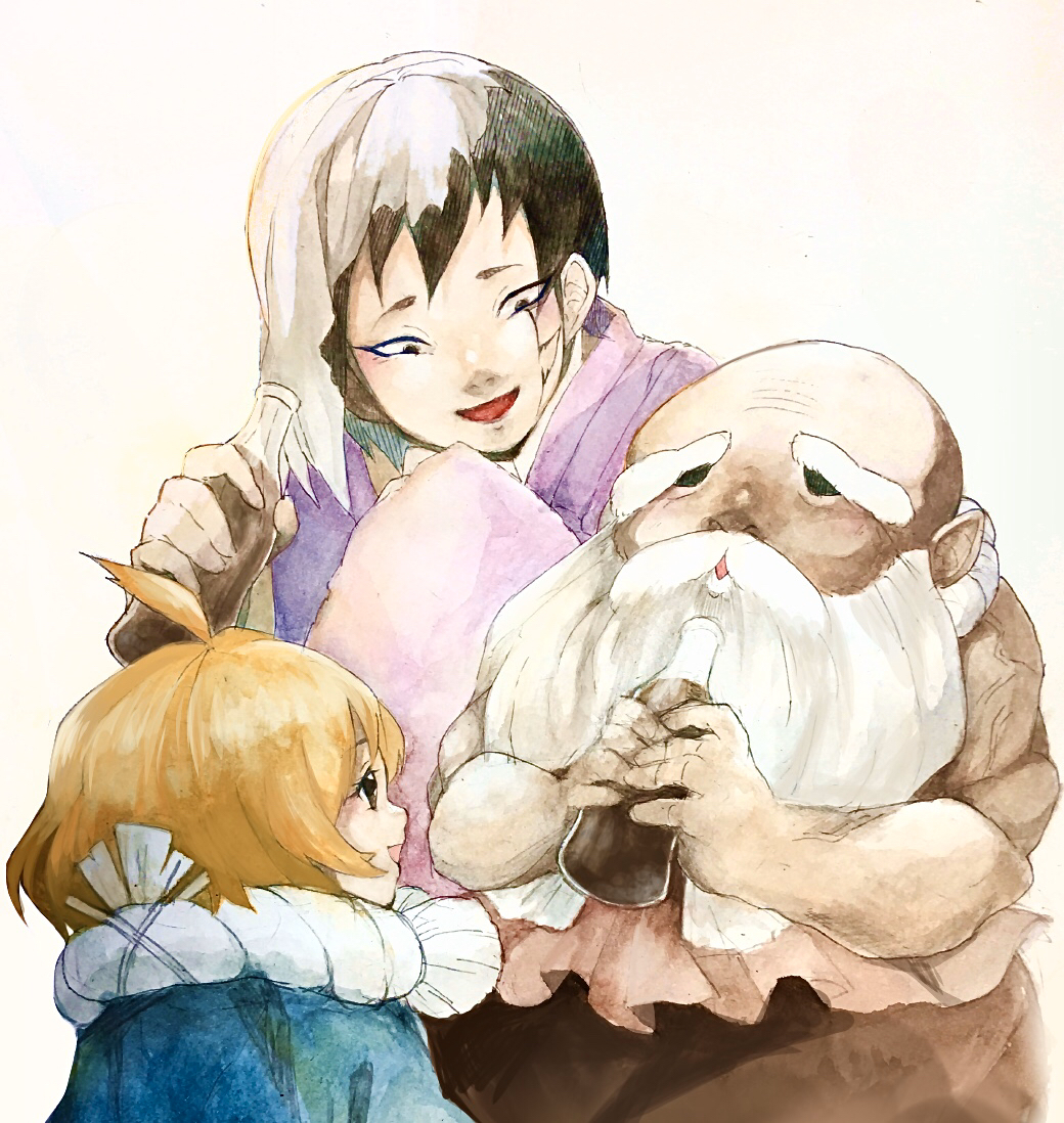 1girl, 2boys, :d, asagiri_gen, bad_id, bad_pixiv_id, bald, beard, black_eyes, blonde_hair, bottle, cracked_skin, dr._stone, facial_hair, holding, holding_bottle, kaseki_(dr._stone), multicolored_hair, multiple_boys, old, old_man, open_mouth, panda_himawari, simple_background, smile, soda, suika_(dr._stone), two-tone_hair, white_background, white_hair