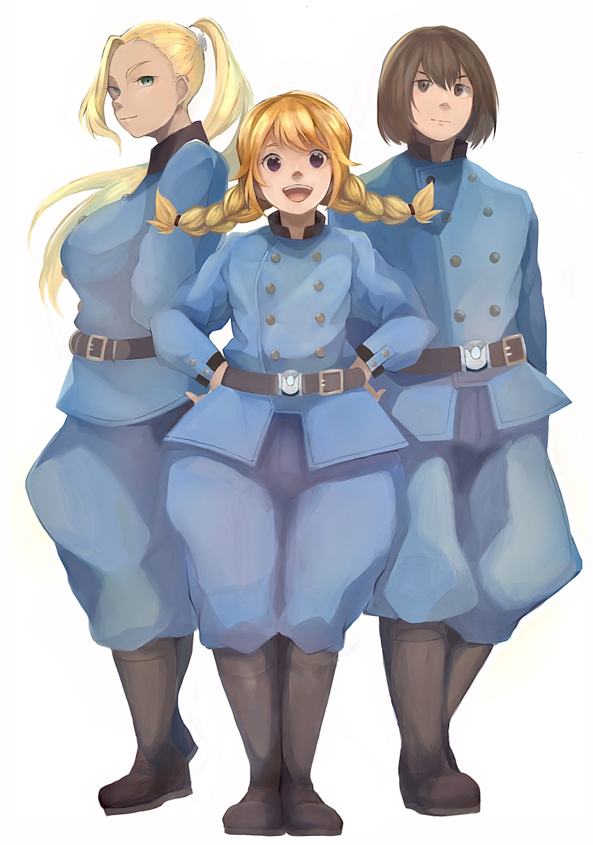 1boy, 2girls, :d, absurdres, bad_id, bad_pixiv_id, belt, black_footwear, blonde_hair, blue_eyes, boots, braid, brown_eyes, brown_hair, character_request, check_character, hands_on_own_hips, highres, jirou_(kuutei_dragons), kuutei_dragons, long_hair, long_sleeves, looking_at_viewer, multiple_girls, open_mouth, panda_himawari, ponytail, simple_background, smile, standing, takita_(kuutei_dragons), tan, twin_braids, uniform, vanabelle_(kuutei_dragons), vannabelle, white_background