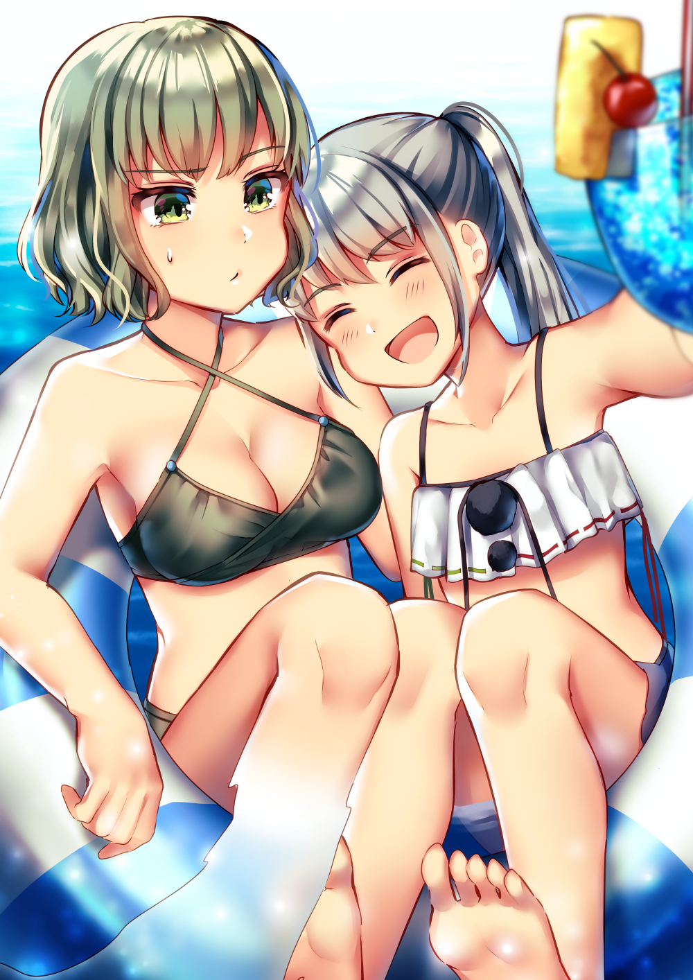 2girls, ^_^, bad_id, bad_pixiv_id, bikini, blush, breasts, cherry, cleavage, closed_eyes, cup, drinking_glass, drinking_straw, food, fruit, ghost_tail, green_bikini, green_eyes, green_hair, grey_eyes, grey_hair, halterneck, highres, innertube, maitacoco, medium_breasts, mononobe_no_futo, multiple_girls, ponytail, short_hair, sitting, small_breasts, smile, soga_no_tojiko, stomach, swim_ring, swimsuit, touhou, water, white_bikini