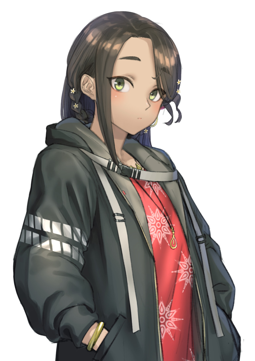 1girl, aadya_(nijisanji), black_coat, black_hair, blush, bracelet, braid, closed_mouth, coat, dark-skinned_female, dark_skin, earrings, female_focus, flower, hair_flower, hair_ornament, highres, hood, hood_down, hooded_coat, jewelry, kilye_kairi, long_hair, long_sleeves, necklace, nijisanji, nijisanji_in, open_clothes, open_coat, red_shirt, shirt, simple_background, single_earring, single_sidelock, smile, solo, swept_bangs, virtual_youtuber, white_background, white_flower