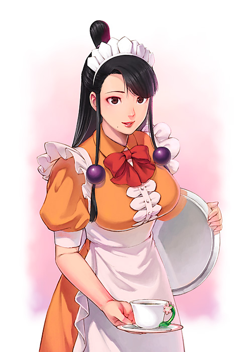 1girl, ace_attorney, apron, black_hair, breasts, commentary_request, cup, female_focus, long_hair, looking_at_viewer, magatama, mia_fey, mole, mole_under_mouth, smile, solo, tamaki_g_(artist), tea, teacup, waitress