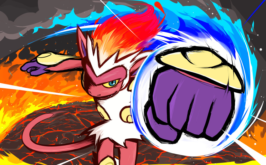 alternate_color, blue_eyes, commentary, creature, fiery_hair, fire, fire_punch_(pokemon), furry