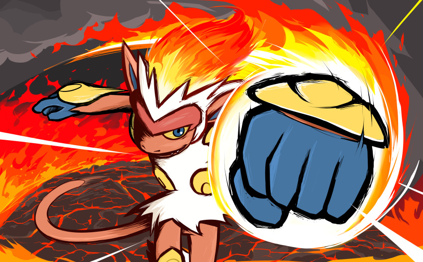blue_eyes, commentary, creature, english_commentary, fiery_hair, fire, fire_punch_(pokemon), furry